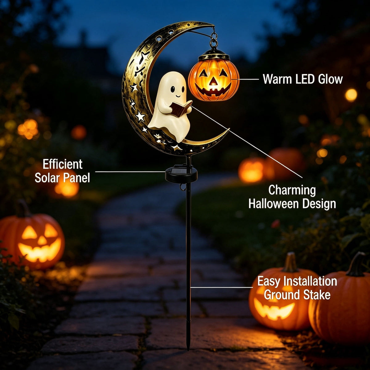 Solar Halloween Metal Moon Black Cat Garden Stake with LED Pumpkin Lantern, Light Up Star Bat Yard Decor Stake, Spooky Outdoor Lawn Pathway Halloween Decoration