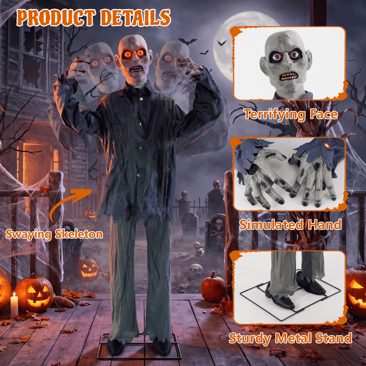 76-Inch Animated Standing Zombie Halloween Decoration with Red Glowing Eyes, Swaying Motion, Spooky Sounds and Metal Stand