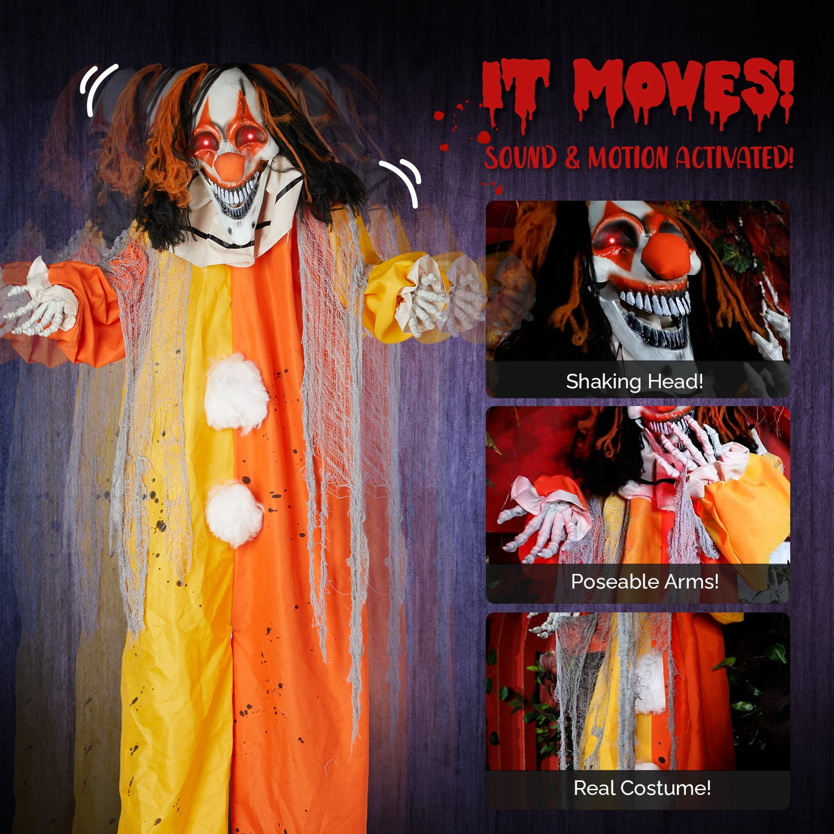 8.2ft Animated Standing Clown Halloween Decoration with LED Eyes and Sound Red 1 Pack