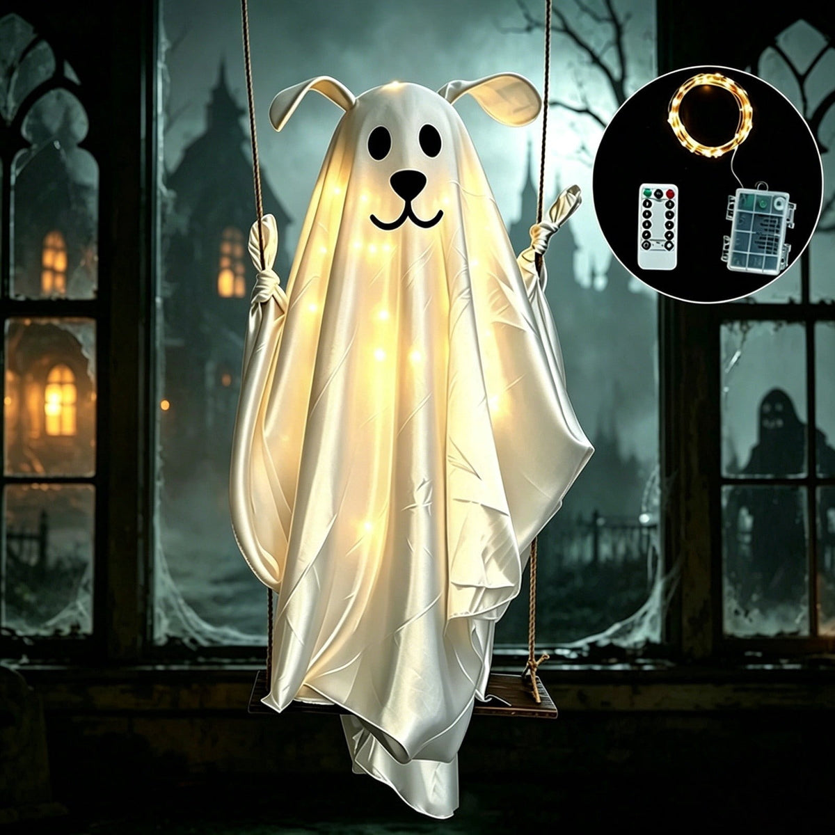 5FT Hanging Ghost Dog Halloween Prop,Swinging Ghost Dog,Animated Outdoor Decor with Motion-Activated Light & Sound for Yard Tree Porch Display