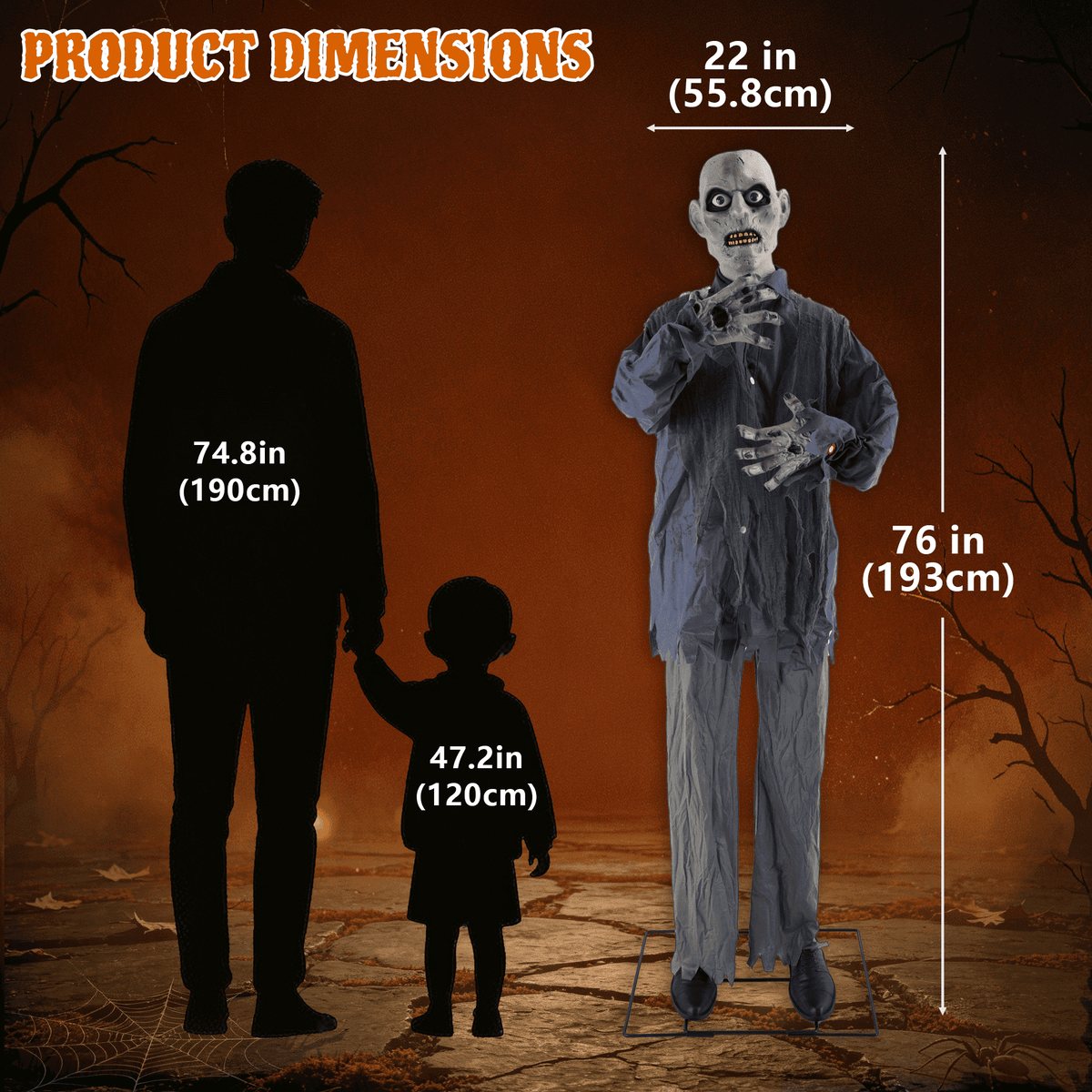76-Inch Animated Standing Zombie Halloween Decoration with Red Glowing Eyes, Swaying Motion, Spooky Sounds and Metal Stand