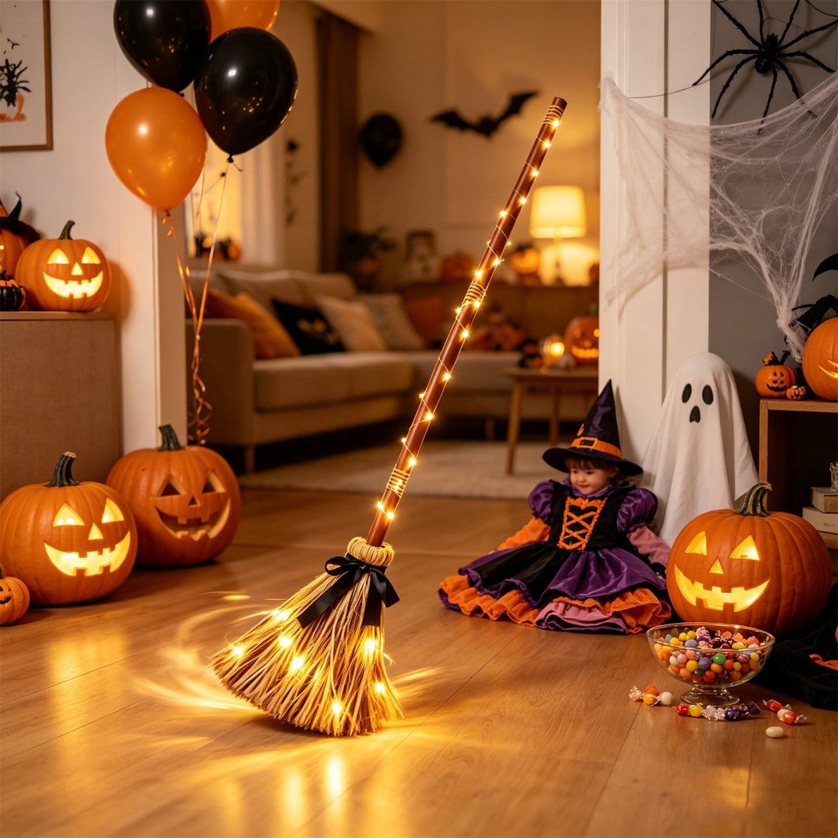 Clearance Gunhay Halloween Witches Broom Decor, 37.4" Animated Floating Broomstick for Spooky Sounds, Light-up Dancing Magic Witch Broom, Rustic Farmhouse Decoration for Indoor Outdoor