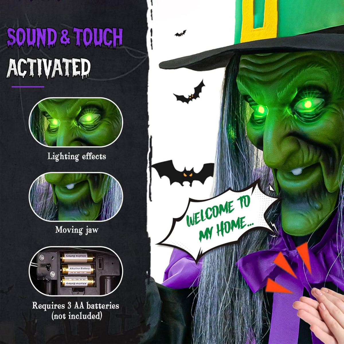 6 FT Motion Activated Flying Hover Witch with Eerie Sounds, Animated Outdoor Halloween Decoration for Yard and Garden