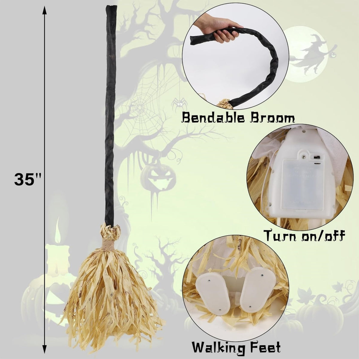 35" Animated Halloween Witch Broom - Light up Dancing Grean Broomstick with Sounds | Halloween Decor for Indoor & Outdoor Porch 1PC