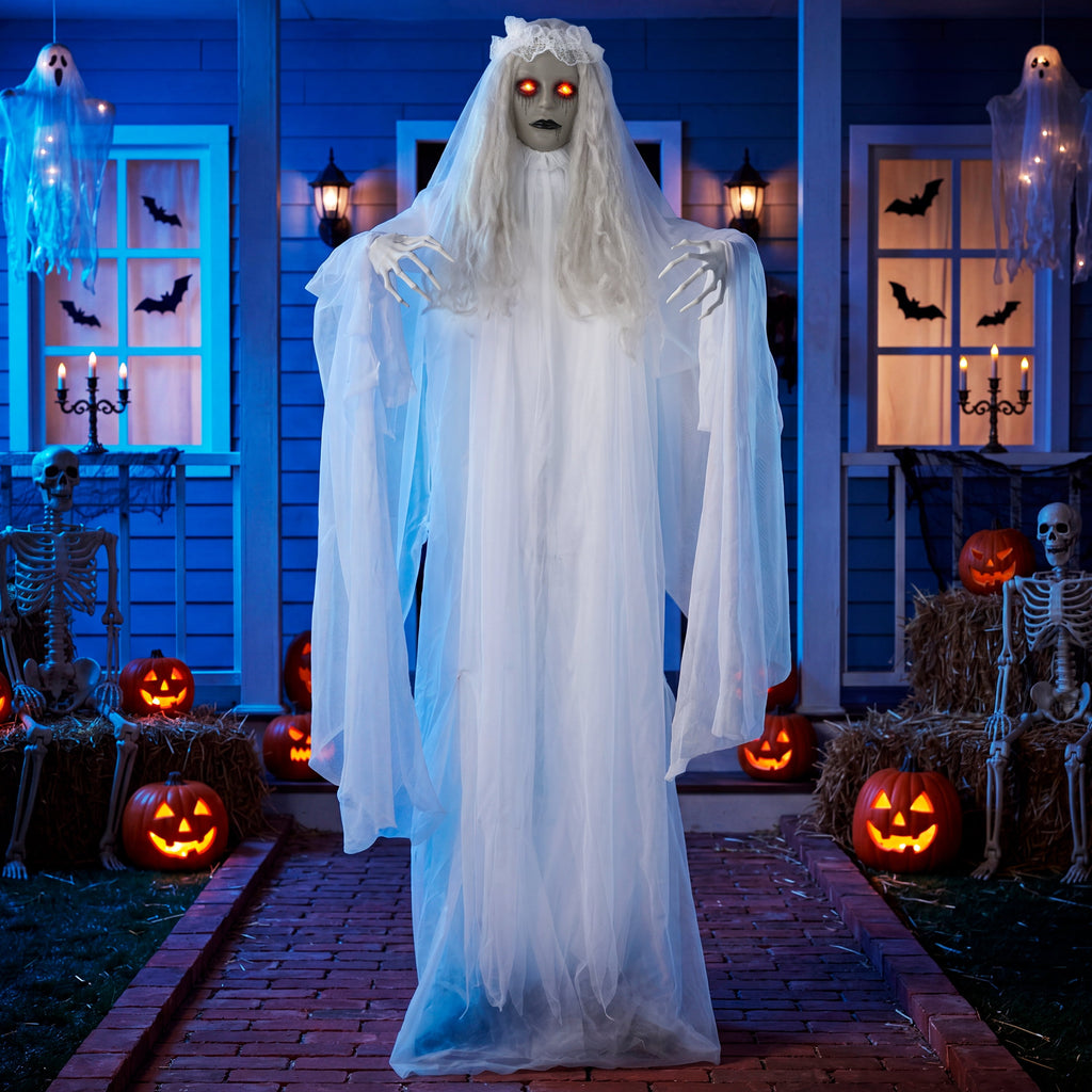 Joyfy 67"(5.6ft) Standing Grim Reaper with Chain, Large Halloween Decorations Outdoor, Life Size Animatronics Skelton, Sound-Actived Party Decor with Creepy Sound & LED Eyes, Scary Haunted House Prop