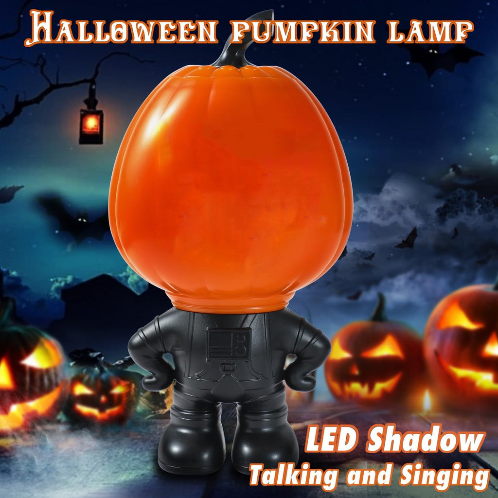 Animated Halloween Pumpkin Decor with Built-in Projector and Speaker, Singing Talking Light Up Figurine for Indoor Home Tabletop and Party Decorations, Spooky Props