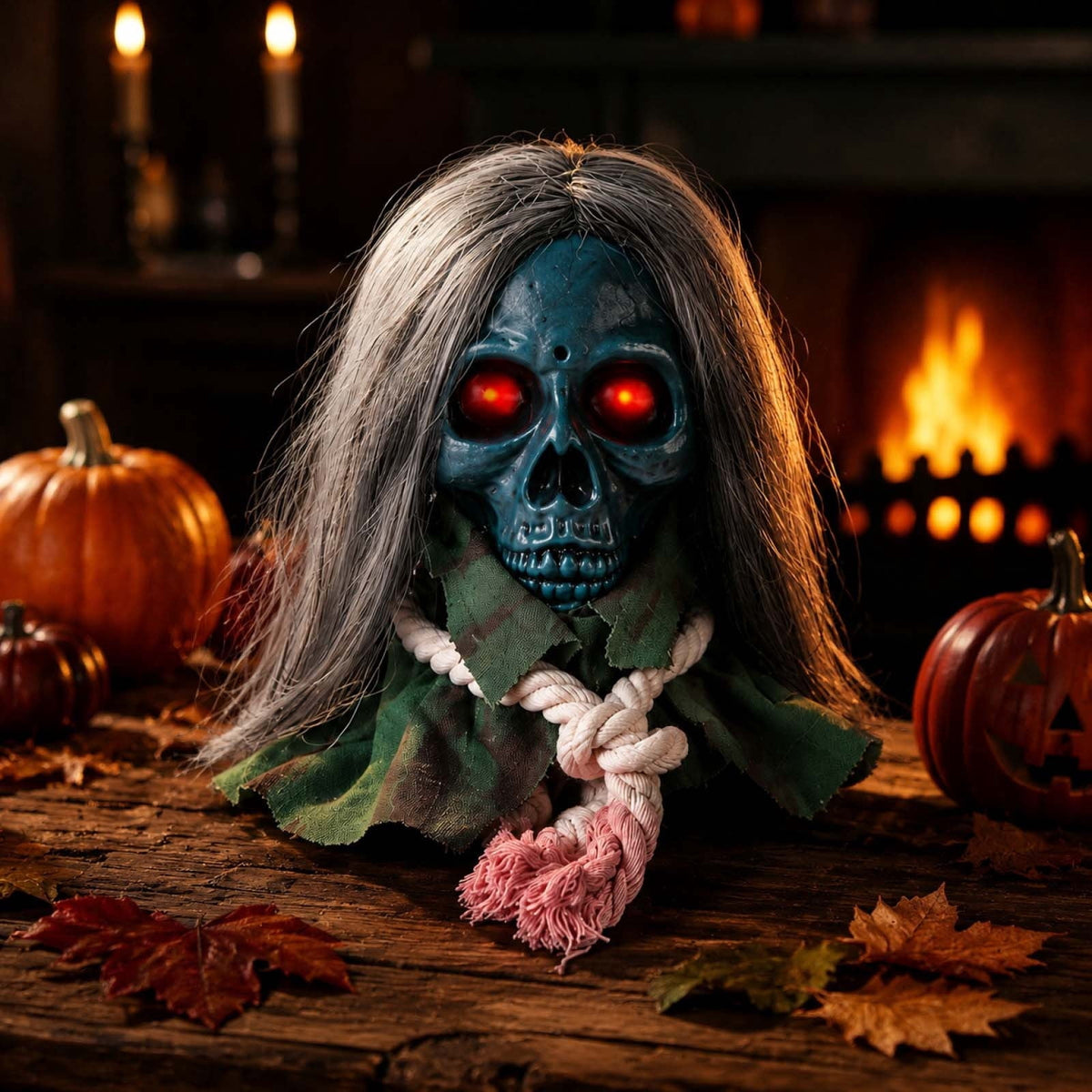 Animated Walking Skull Head with Light-Up Red Eyes Creepy Moving Halloween Prop with Long Grey Hair Horror Music Motorized Resin Decoration for Party Yard Indoor Outdoor Spooky Decor Gift