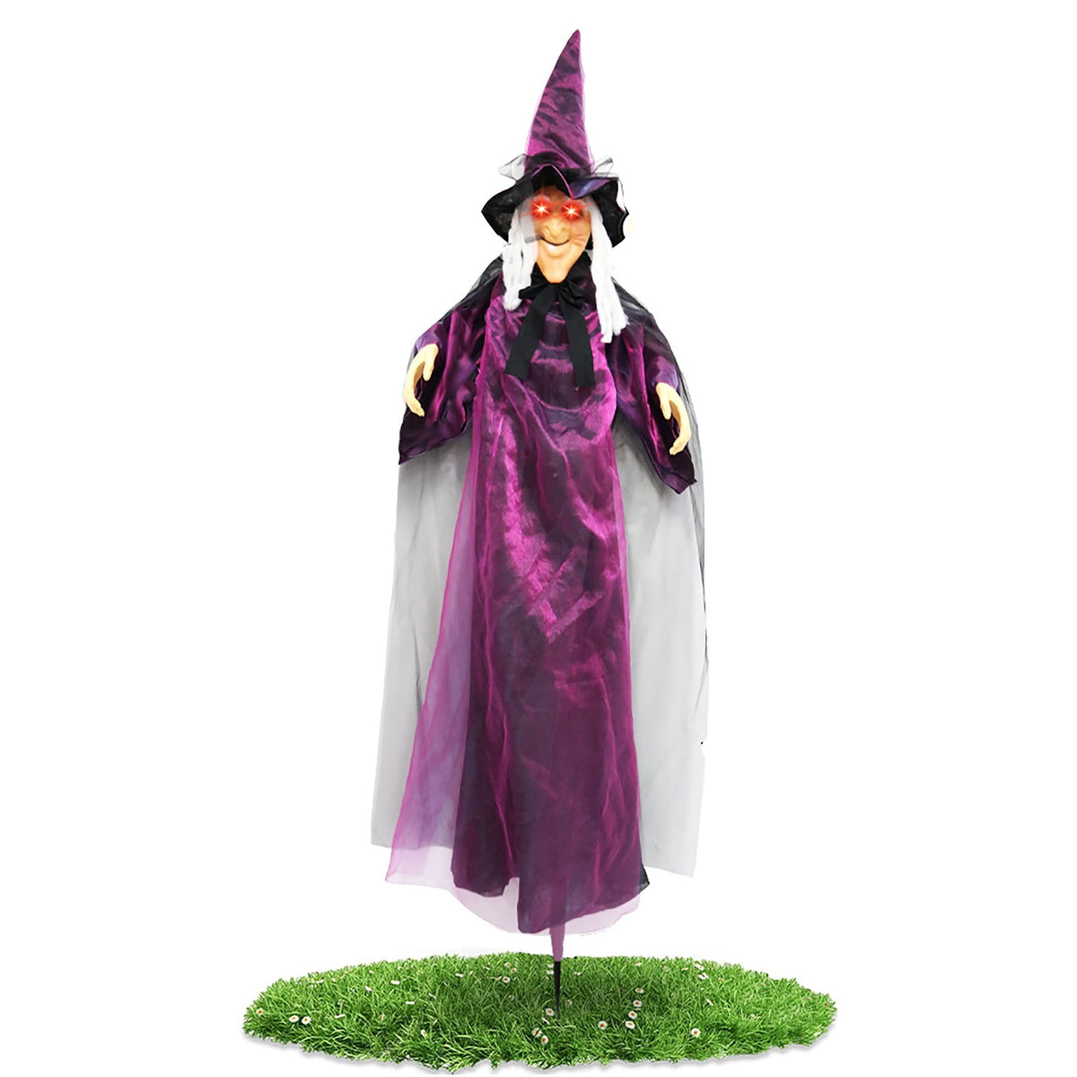 BinKFF Life Size Hanging Talking Witch - Animated Halloween Witch with Sound Activation and Red Eyes for Outdoor & Indoor Decor - Flying Animatronic Witch for Halloween Decorations