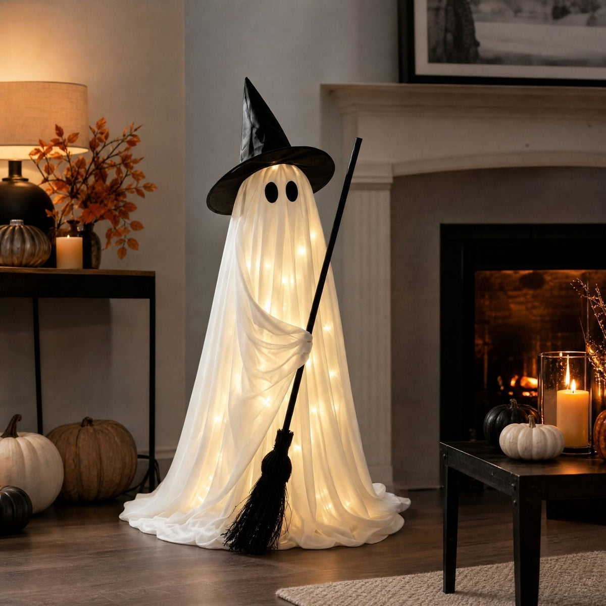Halloween Decoration Indoor, 5.5 Ft Giant Light-Up Witches Broom, Rustic Halloween Decor for Porch, Yard, Front Door