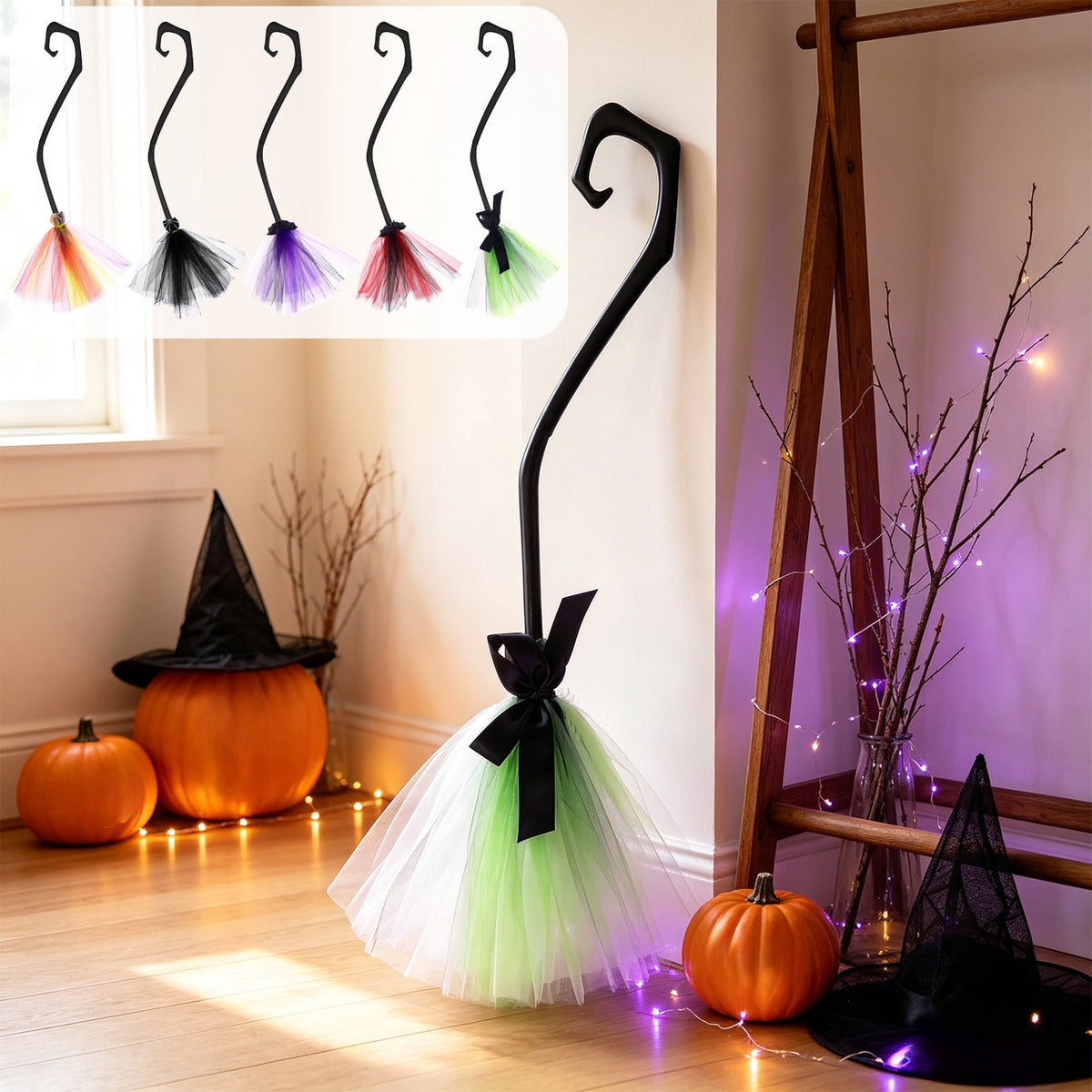 Halloween Decoration Indoor, 5.5 Ft Giant Light-Up Witches Broom, Rustic Halloween Decor for Porch, Yard, Front Door