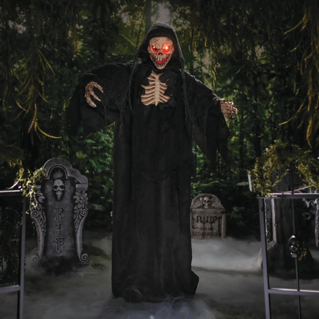 5 Ft. 10 3/4" Animated Standing Skeleton Reaper with Black Cloak Halloween Decoration