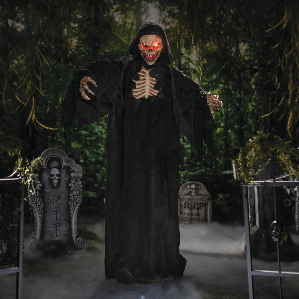 5 Ft. 10 3/4" Animated Standing Skeleton Reaper with Black Cloak Halloween Decoration