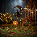Solar Halloween Metal Moon Black Cat Garden Stake with LED Pumpkin Lantern, Light Up Star Bat Yard Decor Stake, Spooky Outdoor Lawn Pathway Halloween Decoration