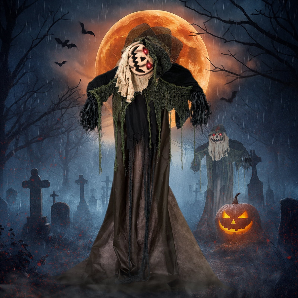 UBesGoo 6' Ghost with The Pumpkin Head Halloween Animated Animatronic Decoration, Halloween Pumpkin Skeleton Outdoors