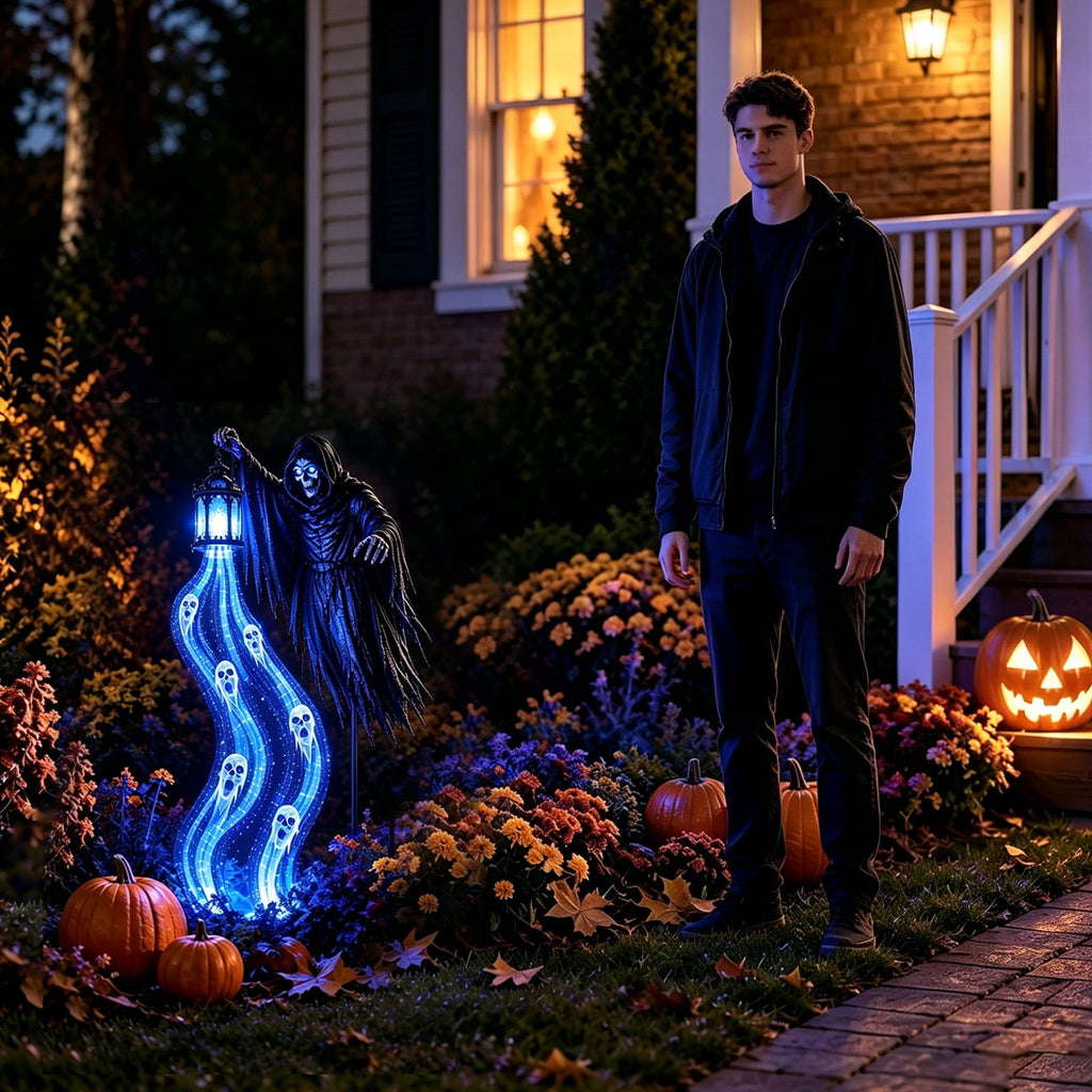 Halloween Soul Harvester Animated Solar Garden Stake Light, Spooky Skeleton Reaper with Cascading Blue Souls, 31.5 Inch Solar Ghost Yard Stake for Cemetery Lawn Outdoor Decor