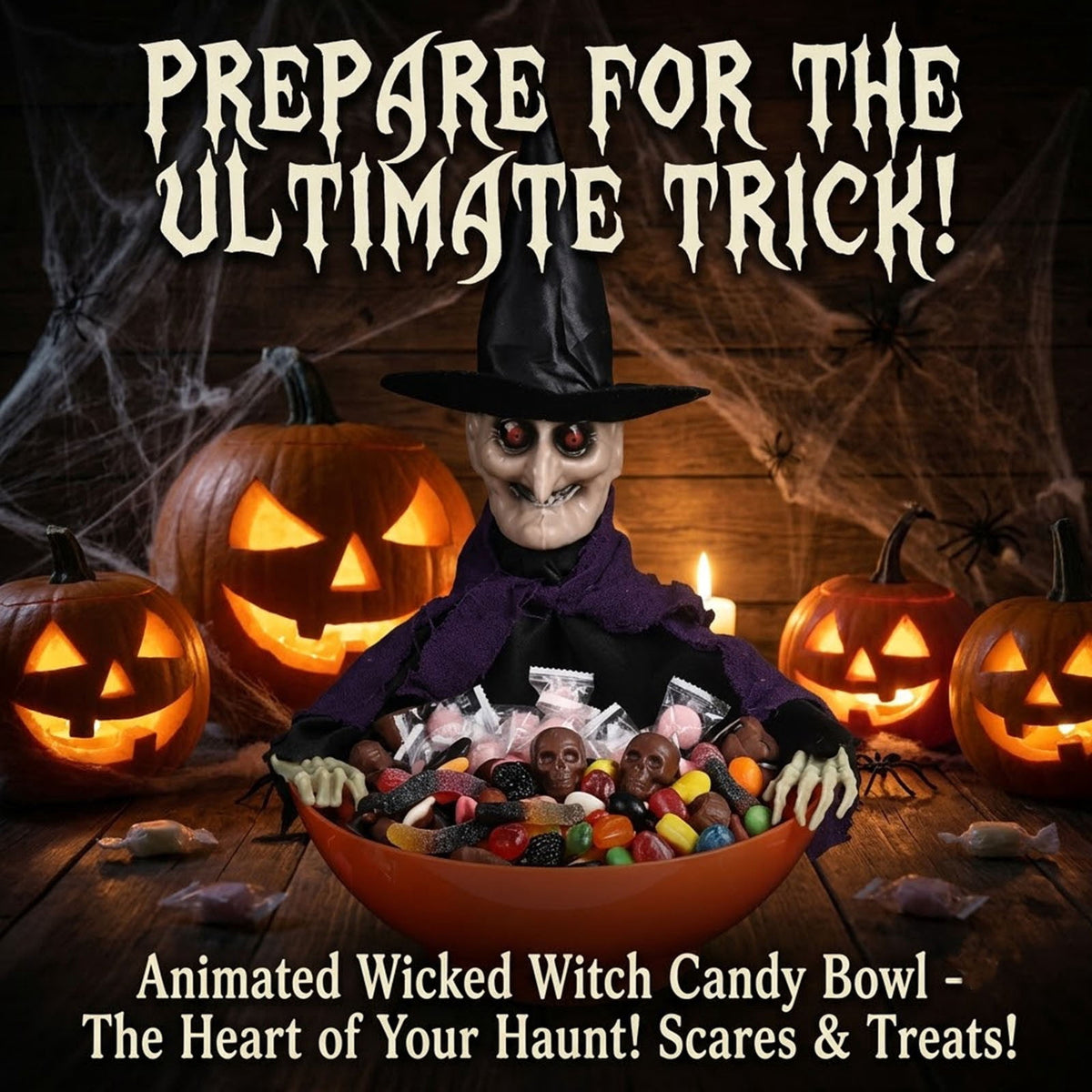 Halloween Animated Witch Candy Bowl Motion Sensor Activated Spooky Candy Holder with Glowing Red Eyes Scary Sounds for Halloween Home Decor
