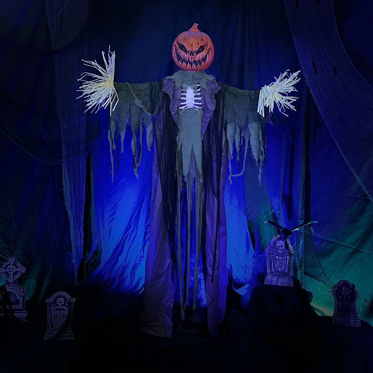 Haunted Hill Farm 6.6 ft Life-Size Animatronic Scarecrow Battery-Operated, Multicolor
