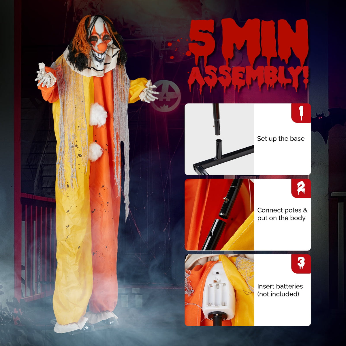 8.2ft Animated Standing Clown Halloween Decoration with LED Eyes and Sound Red 1 Pack